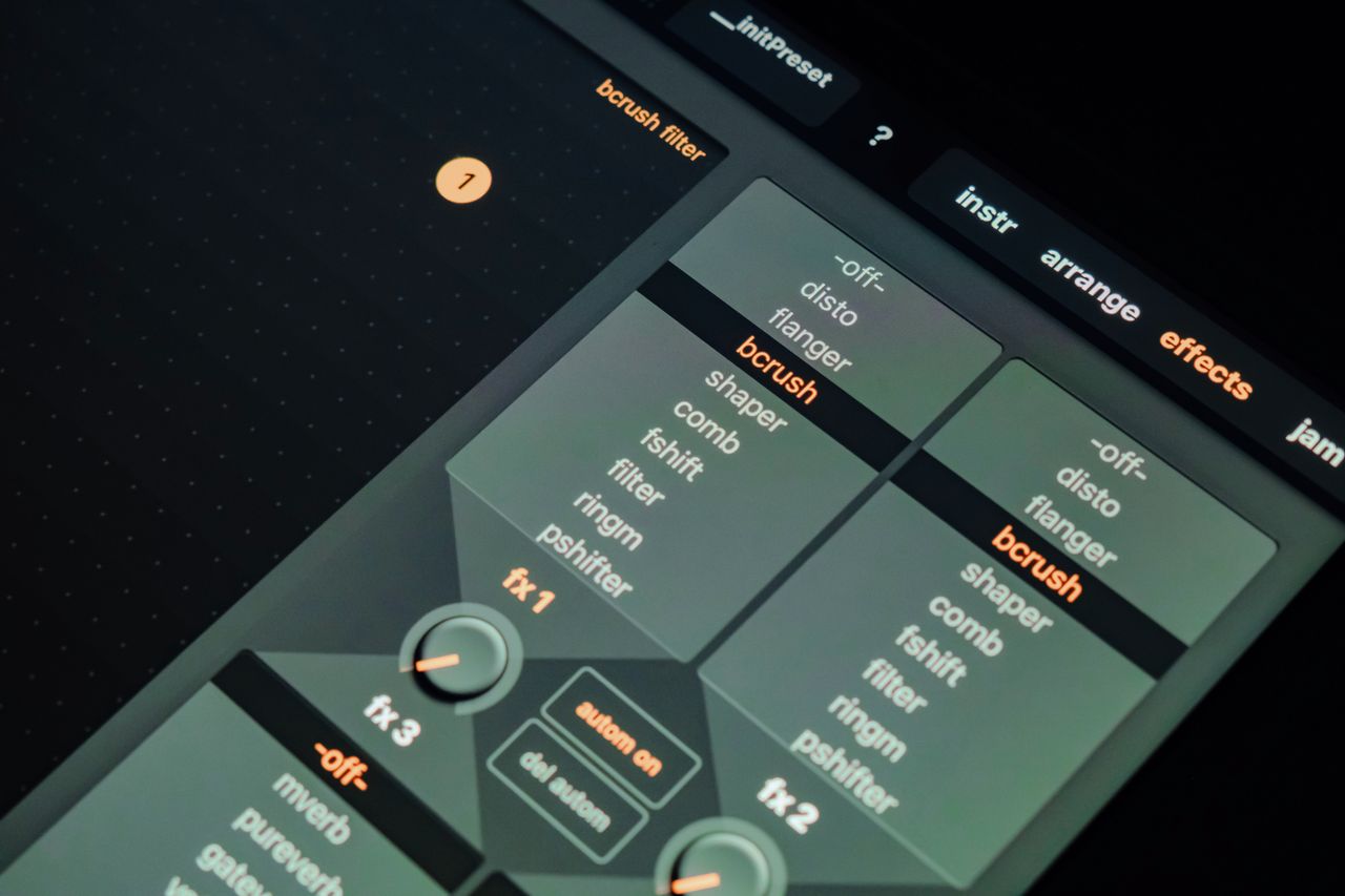 missions-01 Close-up of digital music production interface showing various sound filter settings.